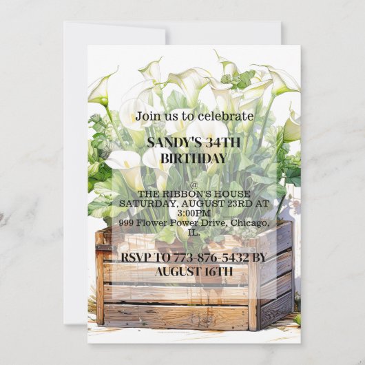 美しいカラユリの花の誕生日パーティー 招待状 (正面)