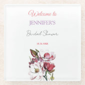 美しいカリグラフィーとエレガントな花のウェルカム ブライダルシャワー ガラスコースター (正面)