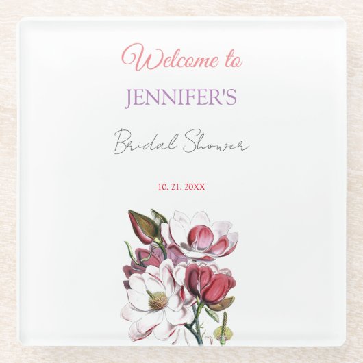 美しいカリグラフィーとエレガントな花のウェルカム ブライダルシャワー ガラスコースター (正面)