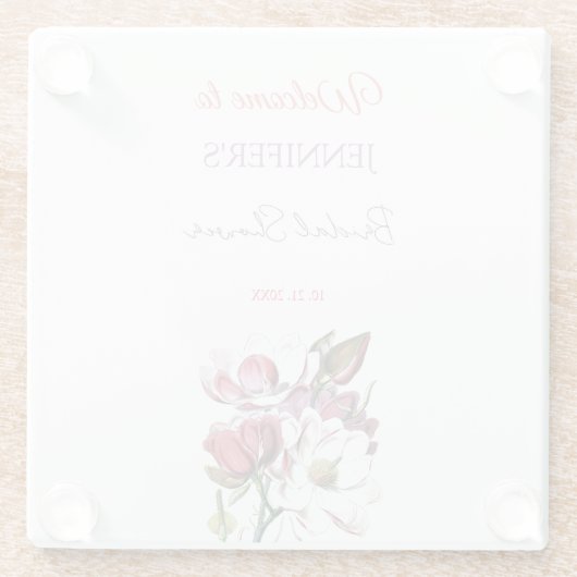 美しいカリグラフィーとエレガントな花のウェルカム ブライダルシャワー ガラスコースター (裏面)