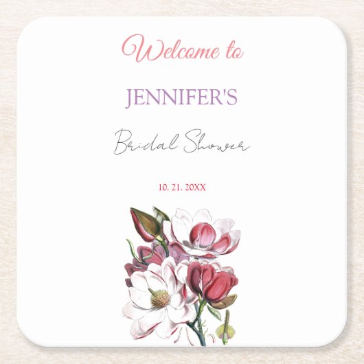 美しいカリグラフィーとエレガントな花のウェルカム ブライダルシャワー スクエアペーパーコースター (正面)