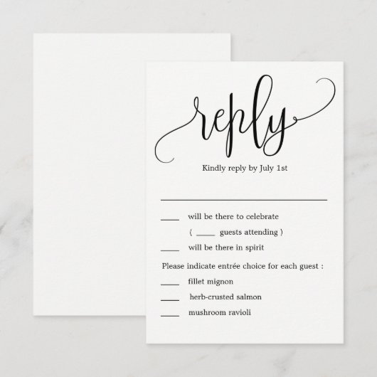 美しいカリグラフィーの結婚式の出欠確認カード（メニュー付き） 招待状 (正面/裏面)