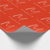 美しいカリグラフィーの赤と白のモノグラムでお名前をスタイリッシュに ラッピングペーパー (角)