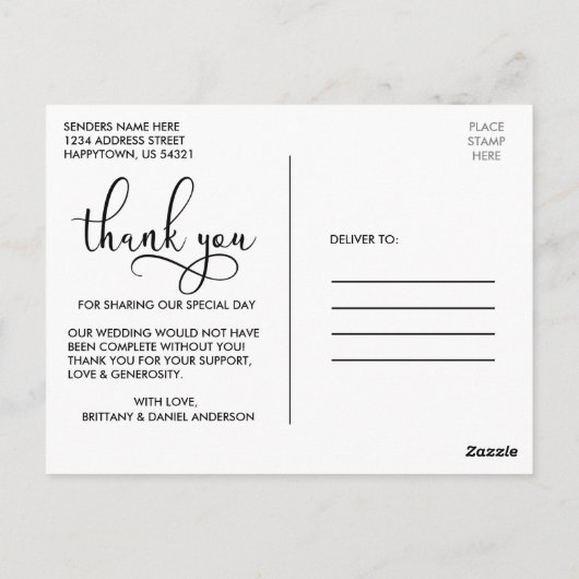 美しいカリグラフィー スクリプト 結婚式のお礼 ポストカード (裏面)