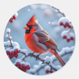 美しいカーディナルが雪の枝に止まるクリスマス ラウンドシール