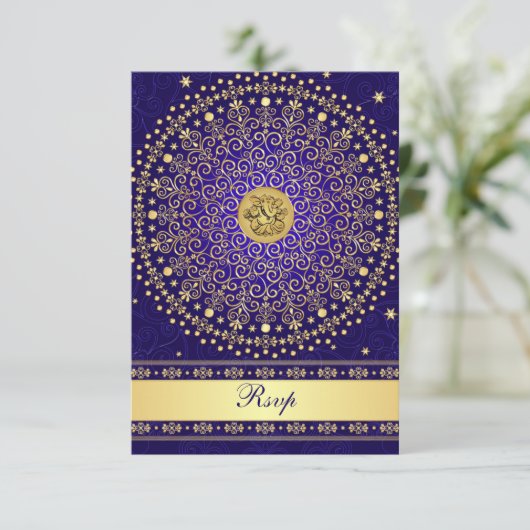 美しいガネーシャ　ブルー　ゴールドの巻物　結婚式　出欠確認カード 出欠カード (スタンド正面)