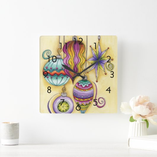 美しいガラスのカラフルなクリスマスオーナメント スクエア壁時計 (ホーム)