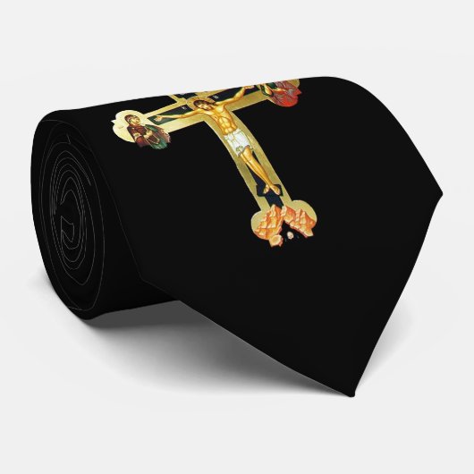 美しいキリスト教のタイ! 黒いbkgrdの十字架像 ネクタイ (ロール)