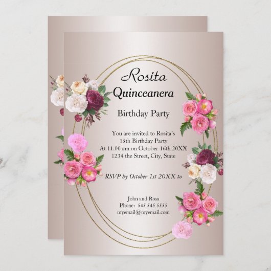 美しいキンセアニェラライトピンクの誕生日パーティー 招待状 (正面/裏面)