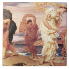 美しいギリシャの女性がビーチで小石を拾う タイル