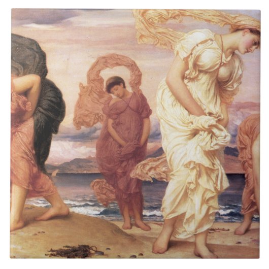 美しいギリシャの女性がビーチで小石を拾う タイル (正面)