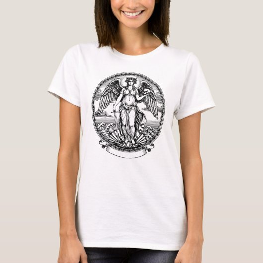 美しいギリシャの翼のある天使と剣とドクロ Tシャツ (正面)