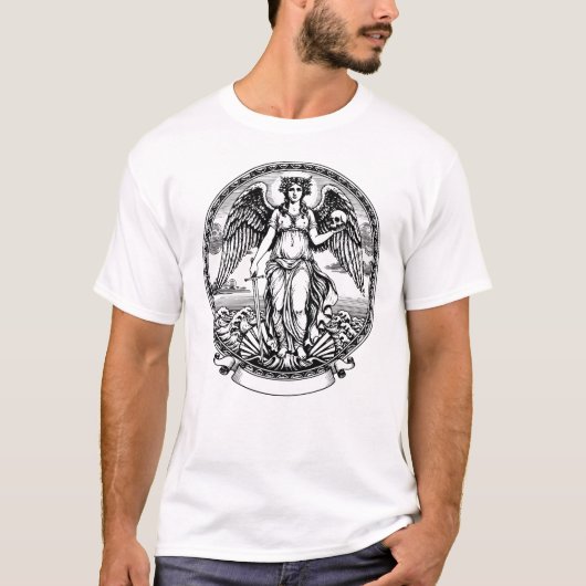 美しいギリシャの翼のある天使 剣とドクロ Tシャツ (正面)