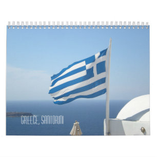 美しいギリシャSantoriniの青い海のホワイトハウス カレンダー