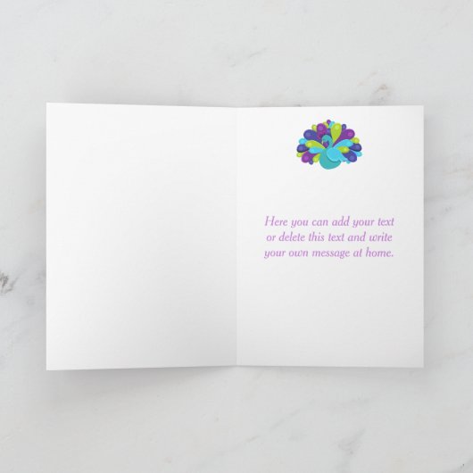 美しいクジャクのグリーンとパープルの誕生日お礼メッセージ サンキューカード (内部)