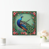 美しいクジャクの花柄の背景 スクエア壁時計 (ホーム)