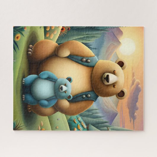 美しいクマの家族の山の日没の風景 ジグソーパズル (横)