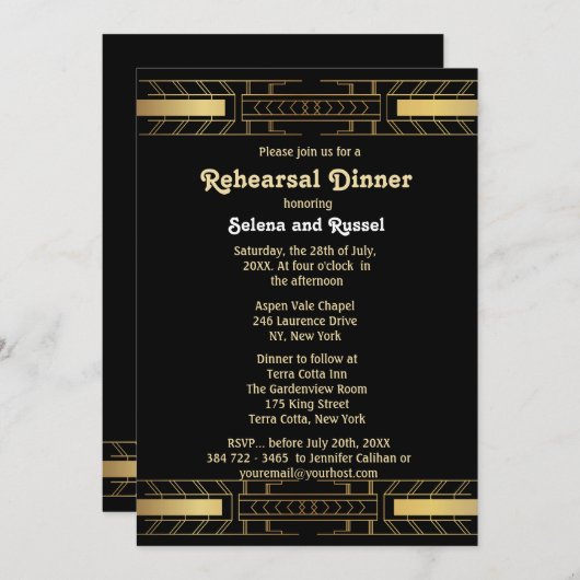 美しいクラシックアールデコリハーサルディナーディナー 招待状 (正面/裏面)