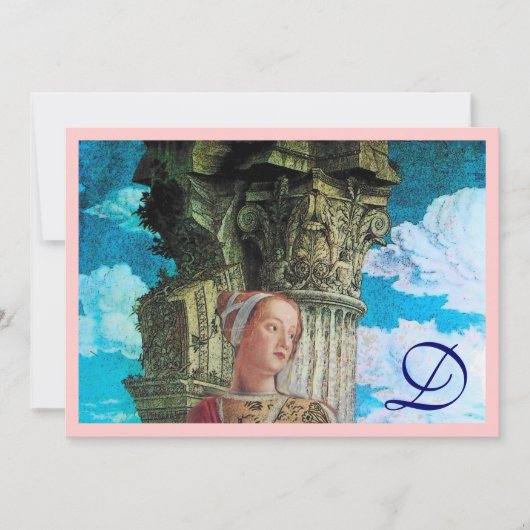 美しいクラシックモノグラム明るいアンティークブルーピンク 招待状 (正面)