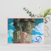 美しいクラシックモノグラム明るいアンティークブルーピンク 招待状 (スタンド正面)