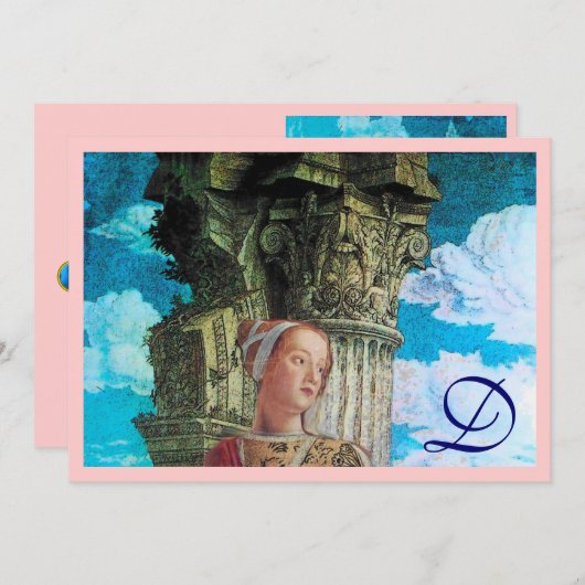 美しいクラシックモノグラム明るいアンティークブルーピンク 招待状 (正面/裏面)