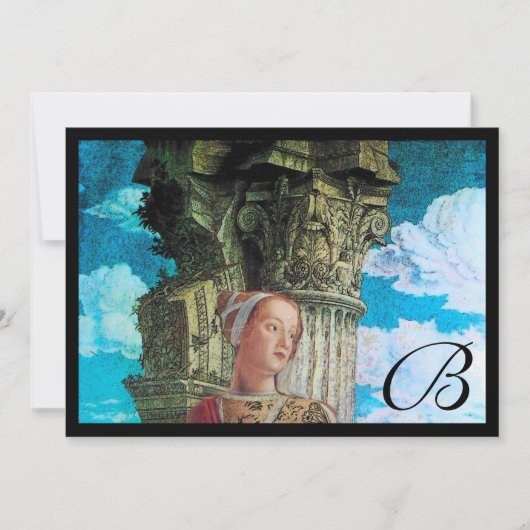 美しいクラシックモノグラム、明るいアンティークブルーブラック 招待状 (正面)