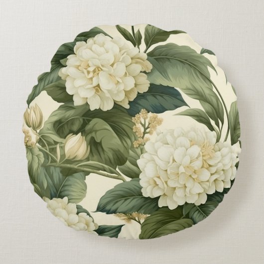 美しいクラシック白い花柄 ラウンドクッション (正面)