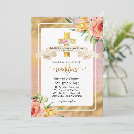 美しいクリスチャン引用文結婚教会 招待状 (スタンド正面)