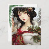 美しいクリスマスの冬のアニメ・マンガの女の子 シーズンカード (正面/裏面)