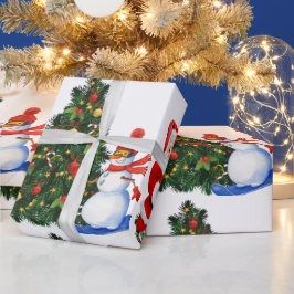 美しいクリスマスサンタと雪だるまパターン ラッピングペーパー