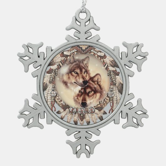 美しいクリスマスツリーか装飾的なオオカミのornamen スノーフレークピューターオーナメント (正面)