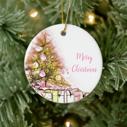 美しいクリスマスツリーとプレゼント セラミックオーナメント (ツリー)
