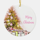 美しいクリスマスツリーとプレゼント セラミックオーナメント (正面)