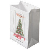 美しいクリスマスツリーウォーターカラーホリデーズアート ミディアムペーパーバッグ (正面アングル)