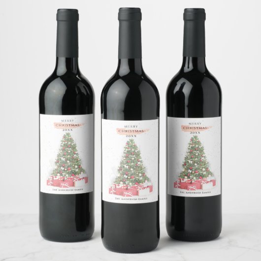美しいクリスマスツリーウォーターカラーホリデーズアート ワインラベル (ボトル)