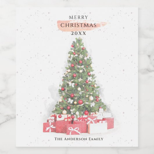 美しいクリスマスツリーウォーターカラーホリデーズアート ワインラベル (シングルラベル)