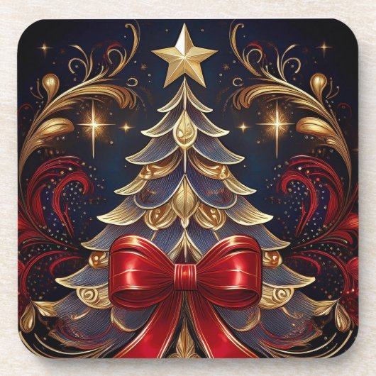 美しいクリスマスツリーレッドリボンデザイン コースター (正面)