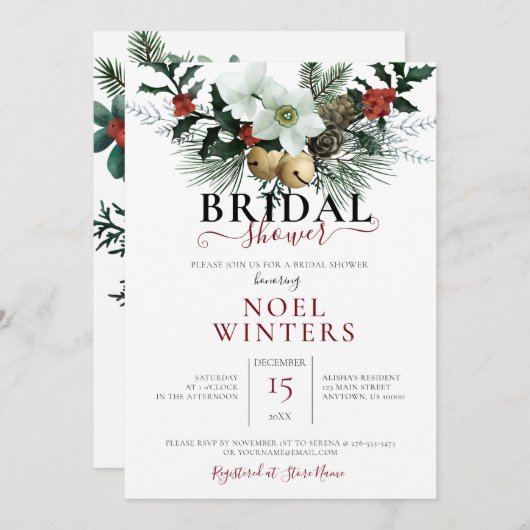 美しいクリスマスフローラウェディングシャワー 招待状 (正面/裏面)