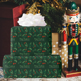 美しいクリスマスホリーベリーグリーンカスタム ラッピングペーパー