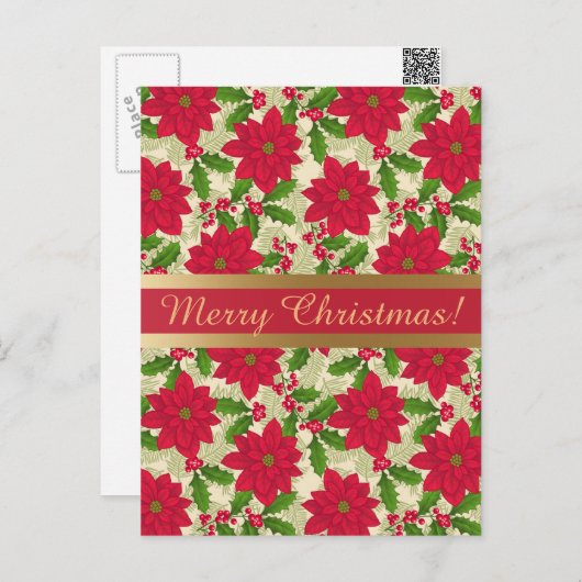 美しいクリスマスポインセチア、ホリー、松の枝 シーズンポストカード (正面/裏面)