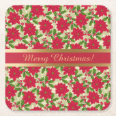 美しいクリスマスポインセチア、ホリー、松の枝 スクエアペーパーコースター (正面)