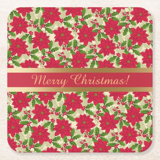 美しいクリスマスポインセチア、ホリー、松の枝 スクエアペーパーコースター (正面)