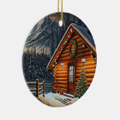 美しいクリスマスライトログキャビン山雪 セラミックオーナメント (右)
