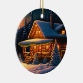 美しいクリスマスライトログキャビン山雪 セラミックオーナメント (右)