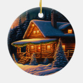 美しいクリスマスライトログキャビン山雪 セラミックオーナメント (裏面)