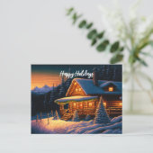 美しいクリスマスライトログキャビン山雪 ポストカード (スタンド正面)