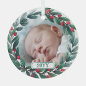 美しいクリスマスリースの写真と年を追加 ガラスオーナメント (正面)