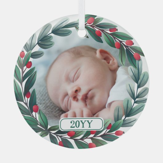 美しいクリスマスリースの写真と年を追加 ガラスオーナメント (正面)