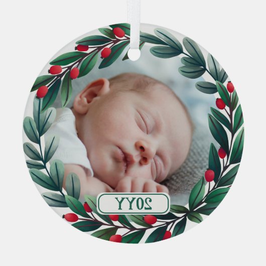 美しいクリスマスリースの写真と年を追加 ガラスオーナメント (裏面)