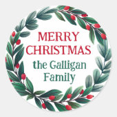 美しいクリスマスリースメリークリスマス ラウンドシール (正面)